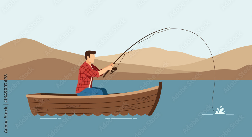 Naklejka premium Man Fishing From Boat On Calm Lake Surrounded By Rolling Hills Landscape