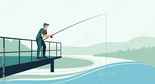 Man Fishing Calmly On The Pier Surrounded By River And Hills Scene
