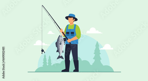 Man Fishing Cartoon Illustration Scene with Captured Fish and Trees Outdoors
