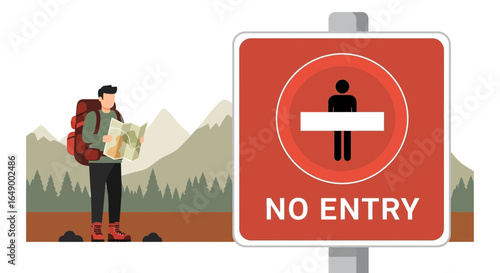 Lost Hiker Seeking Direction Confronting Restricted Zone In Mountain Landscape