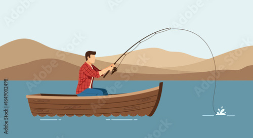 Man Fishing From Boat On Calm Lake Surrounded By Rolling Hills Landscape