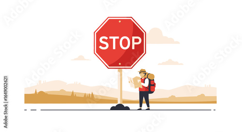 Lost In Translation Hiker Confused Reads Map Near Stop Sign Adventure