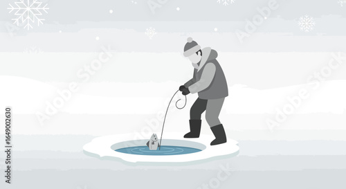 Man Fishing In Frozen Winter Landscape With Snowy Atmosphere Holiday Season