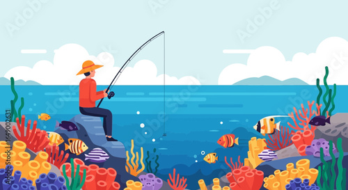 Man Fishing In A Tranquil Sea With Vibrant Coral Reef Ecosystem