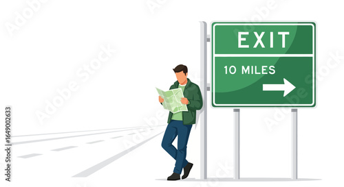Lost Man Consulting Road Map Leaning on Highway Exit Directional Sign