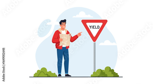 Lost Man Holding a Map Near a Traffic Sign Seeking Directions
