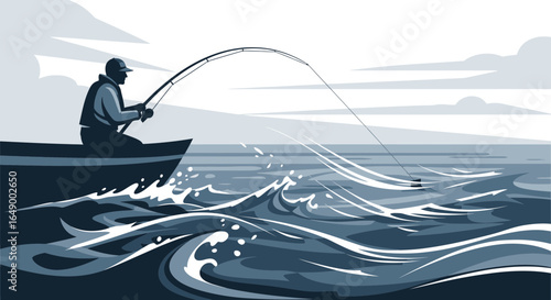 Man Fishing In The Ocean Catching An Animal Graphic Vector Illustration
