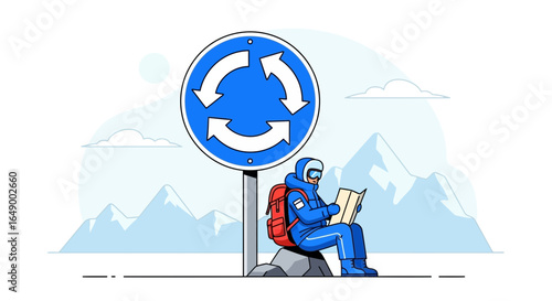Lost Skier Seeks Direction At Mountain Pass Roundabout On Adventure Journey