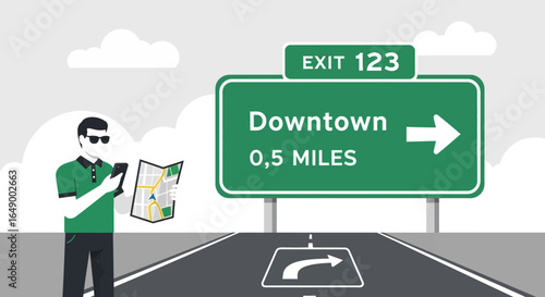 Lost Man Navigating With Phone Map Near Downtown Exit Sign Road