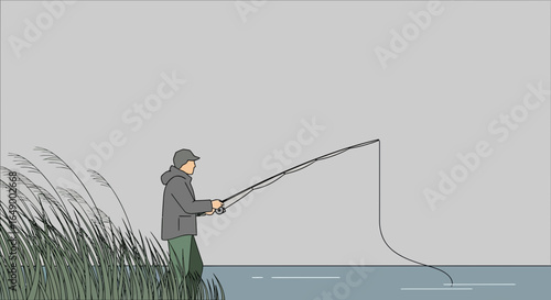 Man Fishing In Still Waters Surrounded By Tall Grass With Minimalist Style