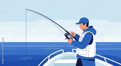 Man Fishing In The Open Sea From A Boat On A Bright Day With Calm Waters