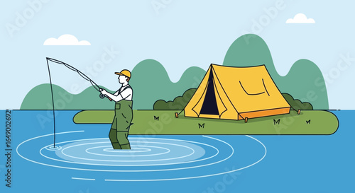 Man Fishing Near a Tent on the Shoreline Camping Outdoors Activity