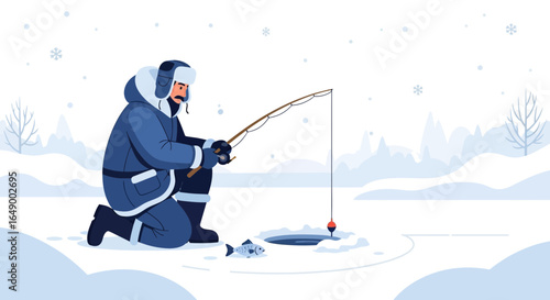 Man Fishing In Winter Scene Holding Rod Near Hole On Snowy Landscape Design