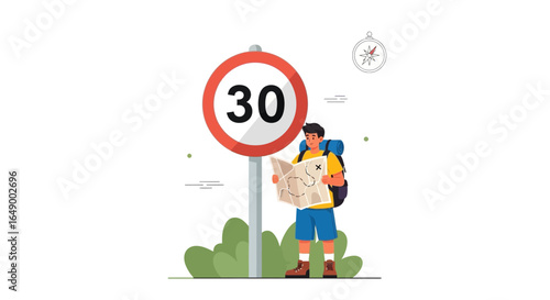 Lost Tourist Consulting A Map With Speed Limit Sign On The Roadside