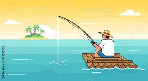 Man Fishing On a Raft Near Tropical Island During Beautiful Summer Day