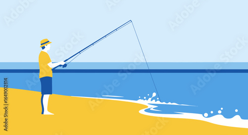 Man Fishing On Beach With Rod And Reel Relaxing Summer Activity