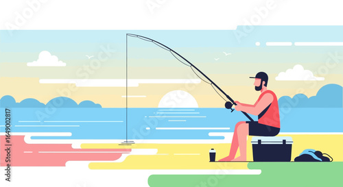 Man fishing on the beach at sunset, enjoying the tranquility of the ocean and the colorful sky. A perfect day for relaxing and pursuing hobbies