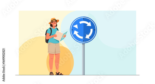 Lost Tourist Woman with Backpack Trying to Navigate a Roundabout Roadtrip