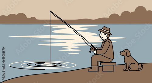 Man Fishing Peacefully With His Dog By The Lake Under Calm Clouds