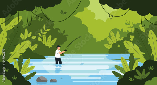 Man Fishing Quietly In Lush Jungle Stream Surrounded By Tropical Foliage
