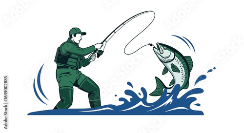 Man Fishing Reel Illustration With Big Fish Jumping Out Of Water Graphic
