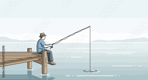 Man Fishing Relaxing On Dock Tranquil Scene And Enjoying The Serenity
