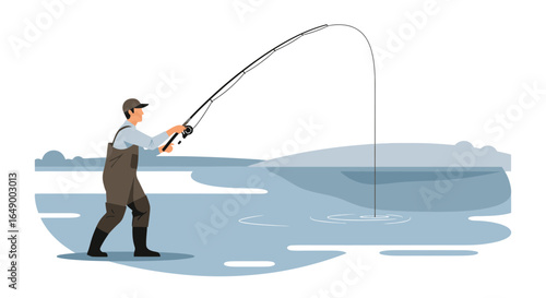 Man Fly Fishing Outdoors Catching A Fish In A Flat Vector Illustration