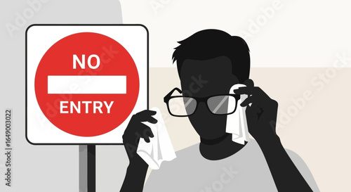 Man Frustrated Near No Entry Sign Wiping His Glasses Due To Obstacles