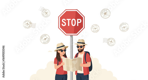 Lost Vacationers Under Stop Sign Examining Map Amidst Airplane Stamps Travel Concept