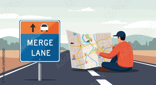 Lost Traveler Sitting On The Road Reading A Map Next To A Sign