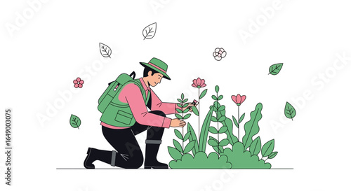 Man Gardening Spring Flowers Cutting Plants With Pruners Enjoying Outdoor Hobby