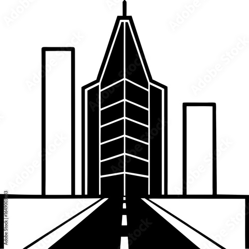 "Futuristic glass skyscraper skyline at sunrise, empty streets, clean and modern, no people or vehicles"