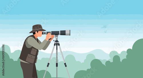 Man Gazing Through a Spotting Scope Observing Nature in a Serene Landscape