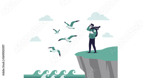 Man Gazing Through Binoculars Standing On Cliff Surrounded By Birds And Clouds