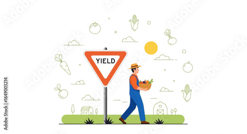 Man Harvesting Crops near Yield Sign in Flat Vector Illustration Style