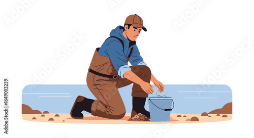 Man Harvesting Sea Shells On The Shore Wearing Boots And Overalls