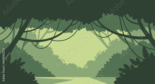 Lush jungle landscape illustration showcasing dense foliage and vibrant green tones a tropical forest scene