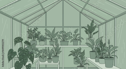 Lush Green Drawing Of Plants Growing Comfortably Inside A Glass Greenhouse
