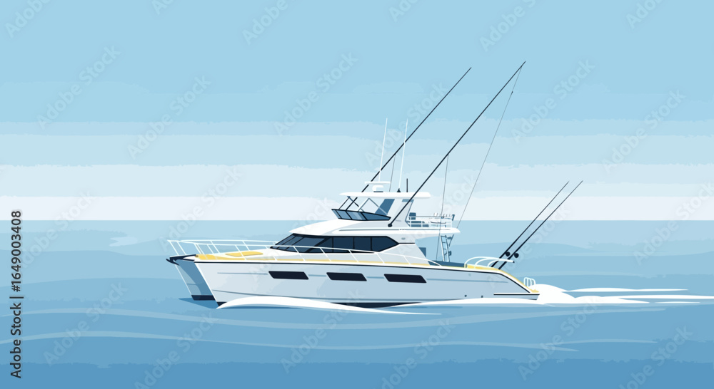 Naklejka premium Luxury Sport Fishing Yacht Sailing On Calm Waters With Fishing Rods