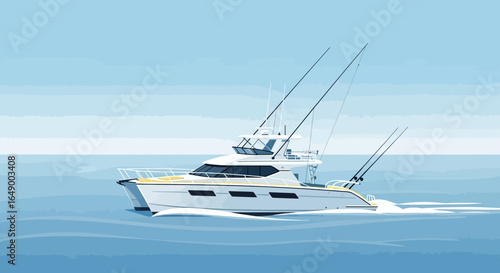 Luxury Sport Fishing Yacht Sailing On Calm Waters With Fishing Rods