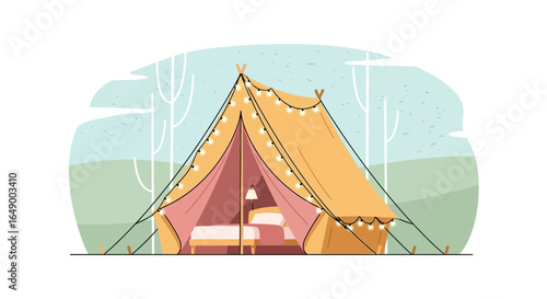 Luxury Glamping Tent With String Lights Cozy Outdoor Adventure Illustration