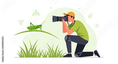 Macro Photography Enthusiast Capturing an Image of a Grasshopper in a Field of Greenery