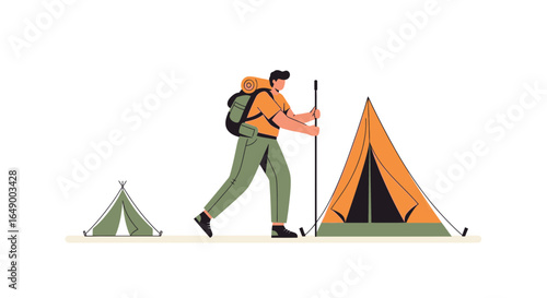 Man Hiking and Camping in The Mountains Enjoying Vacation in Nature