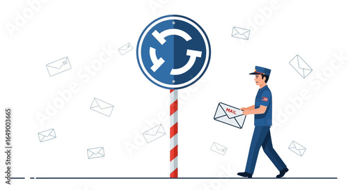 Mailman Delivering Mail Under Circular Delivery Sign For Postal Service Efficiency