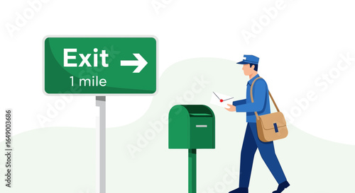 Mailman Delivering Letter Near Exit Sign Illustrating Communication And Direction
