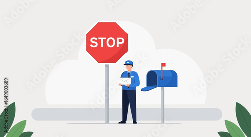 Mailman Delivers Letter Near Stop Sign And Mailbox For Postal Service