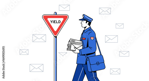 Mailman Delivery With Yield Sign And Envelopes Cartoon Flat Illustration