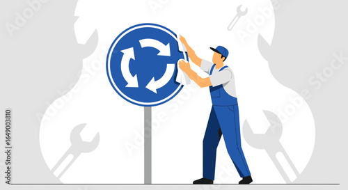 Maintaining Road Safety Roundabout Sign By Worker On The Street In Blue Uniform