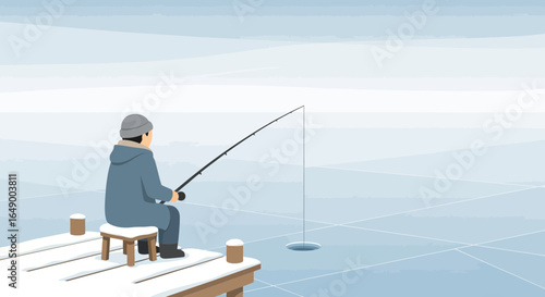 Man Ice Fishing on a Cold Winter Day on a Snowy Frozen Lake