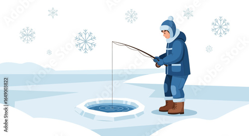 Man Ice Fishing On A Frozen Lake During A Winter Day In Nature
